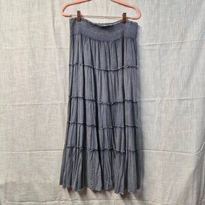 Lucky & Coco Denim-like Tiered Smocked Waist Maxi Skirt Boho Flowy Festival
